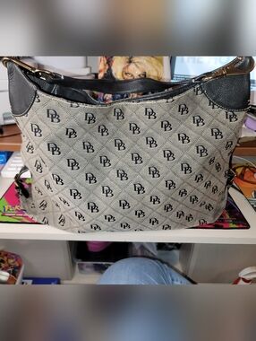 RARE Dooney & Bourke Signature Quilt Hobo Large DB Print Shoulder Bag Gray